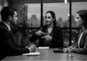 Intérprete de LIBRAS garantindo acessibilidade em entrevista de emprego corporativa