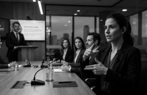 Profissional de LIBRAS traduzindo reunião corporativa de alto nível.