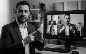Intérprete de LIBRAS profissional em tela de videoconferência garantindo acessibilidade