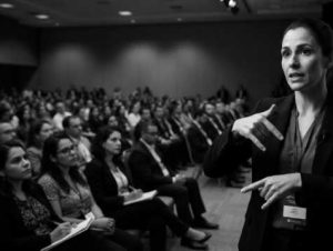 Intérprete de LIBRAS realizando tradução profissional em evento corporativo para público surdo